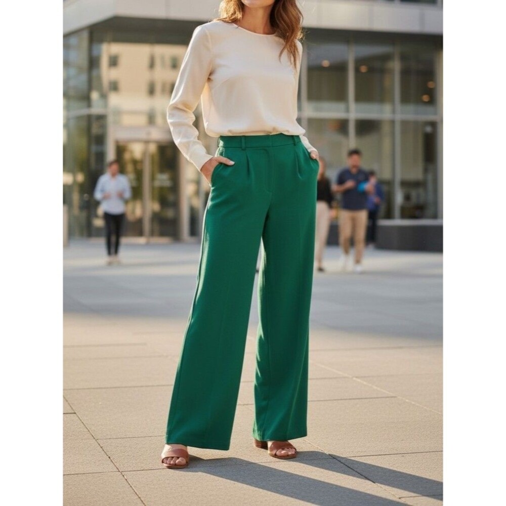 Women's S Green Wide Leg Trousers High Rise Pockets Pleated Pull-On